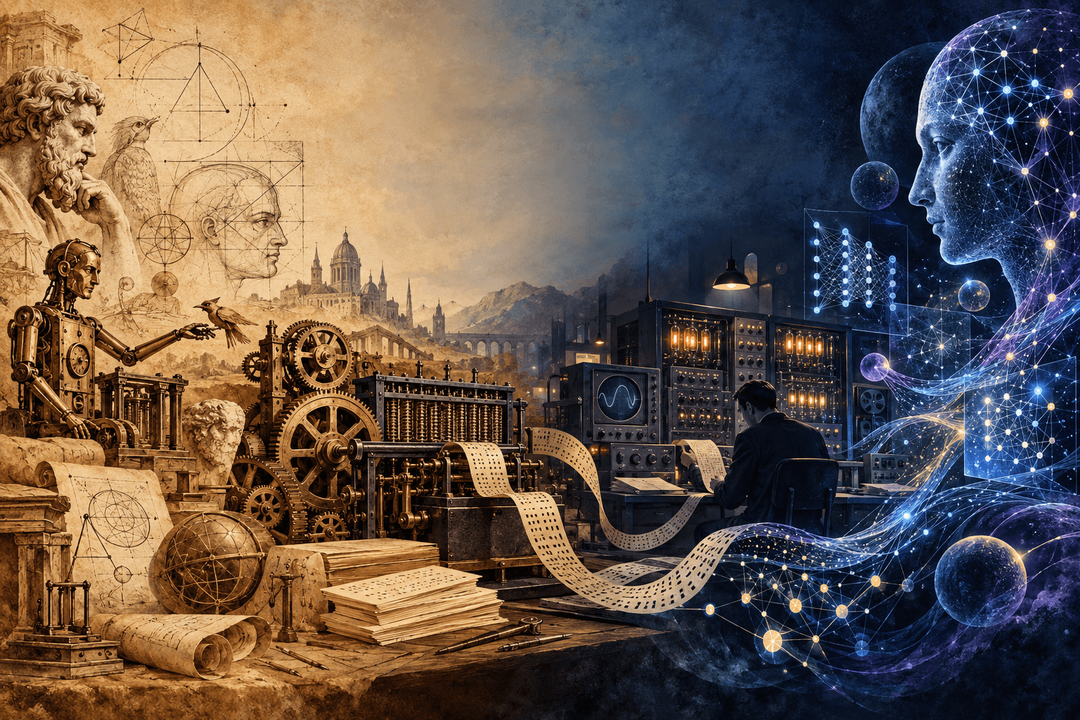 Ilustração da história da IA: da filosofia e dos autômatos antigos, passando por máquinas mecânicas e computação inicial, até redes neurais modernas