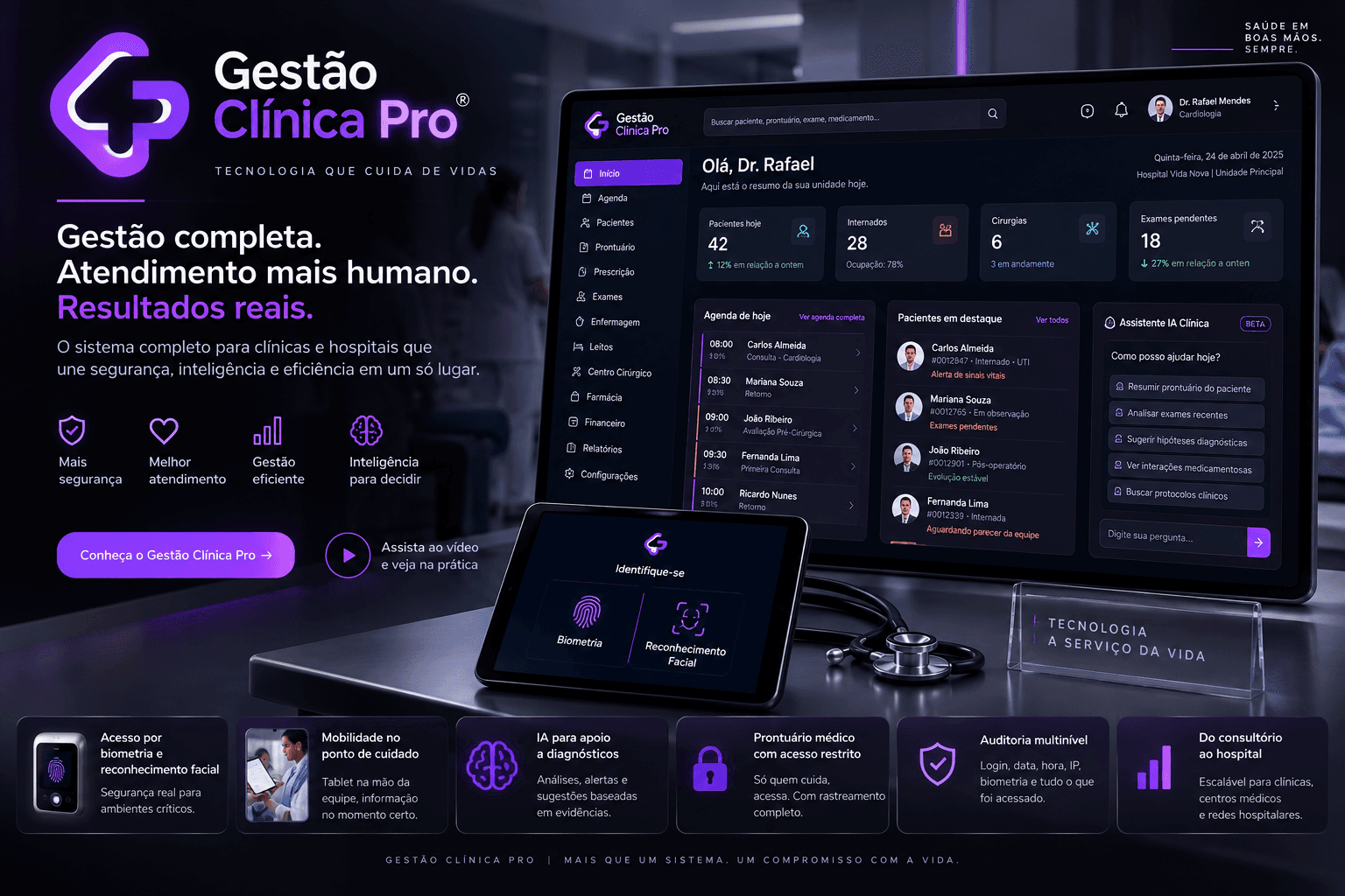 Conceito visual do Gestão Clínica Pro — não é uma tela real do sistema